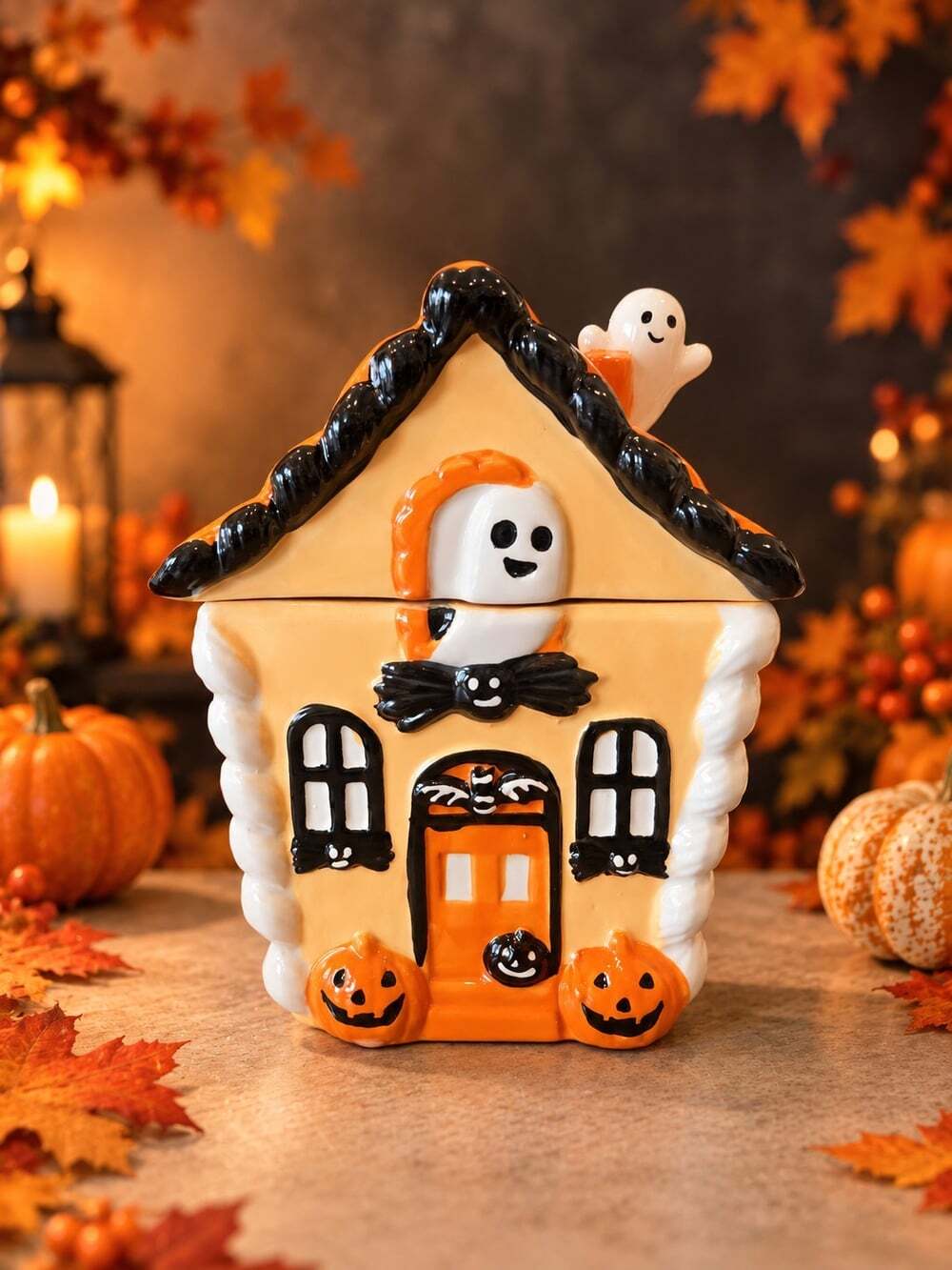 New Orange Haunted House Ghost Halloween Bat Spooky Kitchen Cookie Jar - Picture 2 of 4